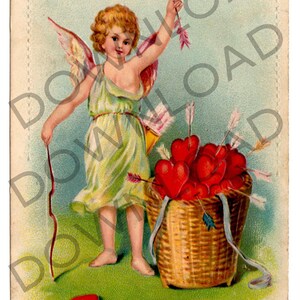 1910s vintage Carte postale de Saint-Valentin 3x5 Image numérique Cupidon Arrow Hearts 1920s Carte de vœux 150dpi