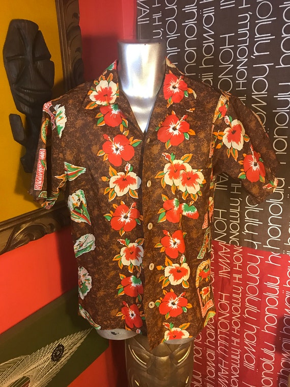 Vintage Mens Hawaiian Shirt 1970s does 1940s Aloha