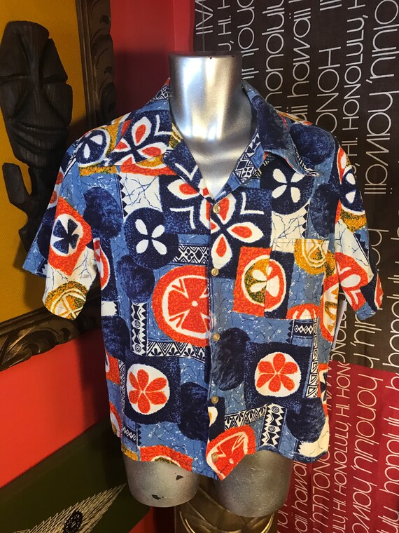 Vintage 1960s Hawaiian Mens Shirt Tiki Tribal Bark