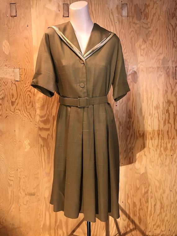 1950s Vintage Day Dress Sailor Styled Textured Bro