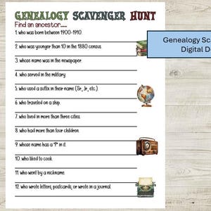 May include: A genealogy scavenger hunt digital download with a list of 12 prompts to find ancestors. The document includes illustrations of a globe, books, a radio, and a typewriter. The title is in a decorative font.