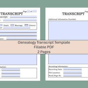 May include: A two-page Genealogy Transcript Template in fillable PDF format. The document includes fields for date, transcriber, and event details such as birth, death, marriage, or divorce. It also has sections for recording information.