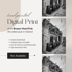 May include: A digital print featuring a black and white illustration of the Brazen Head Pub in Ireland, showing a brick building with barrels outside. Text includes: hand-painted Digital Print of the Brazen Head Pub the oldest pub in Ireland.