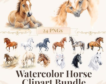 Watercolor Horse Clipart Bundle, Farm Animal PNGs (Digital Download)