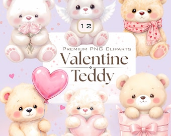 Valentine Teddy Bear Clipart • Watercolor Heart Bears PNG Set (300 DPI)