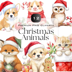 Watercolor Christmas Animals Clipart: Hand-Painted Holiday PNGs (Digital Download)