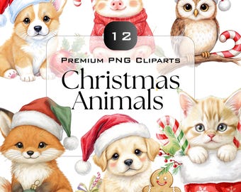 Watercolor Christmas Animals Clipart: Hand-Painted Holiday PNGs (Digital Download)