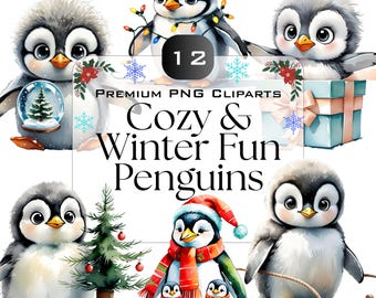Watercolor Christmas Penguin Clipart: Holiday Scenes PNG (Digital Download)