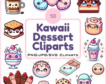 50 Kawaii Dessert Clipart | Pastel Food Stickers (PNG, SVG, JPG)
