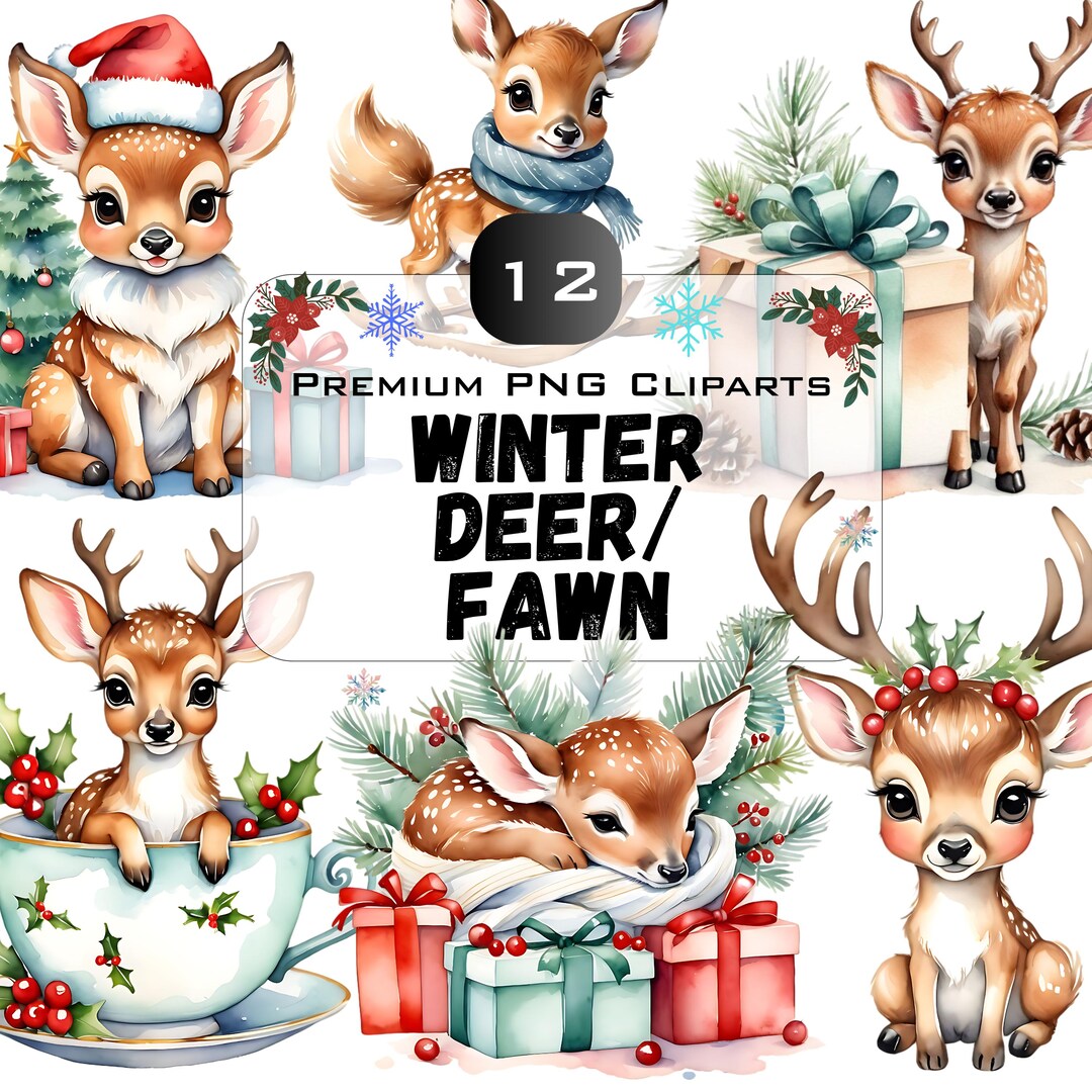 Watercolor Christmas Fawn Clipart Bundle: 12 Baby Deer Pngs (digital ...