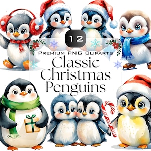 Watercolor Christmas Penguin Clipart Bundle: Holiday PNG Images (Digital Download