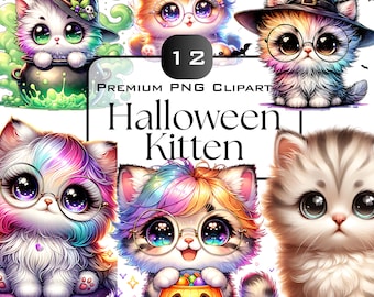 Watercolor Halloween Kitten Clipart | Spooky Cat PNGs (Digital Download)