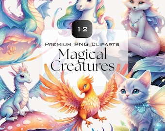 Magical Creatures Clipart: Watercolor Unicorn, Dragon, Phoenix (Digital Download)