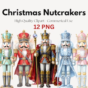 Peut inclure: Cinq casse-noisettes de Noël colorés, chacun vêtu d'une tenue unique, avec des accents dorés. L'image comprend le texte "Christmas Nutcrackers" et "12 PNG".