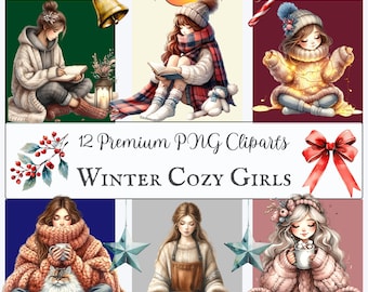 Pode incluir: Arte digital com 12 cliparts PNG premium de meninas aconchegantes de inverno. As ilustrações mostram meninas em roupas quentes, lendo e desfrutando de atividades de inverno. O texto "Winter Cozy Girls" está incluído.