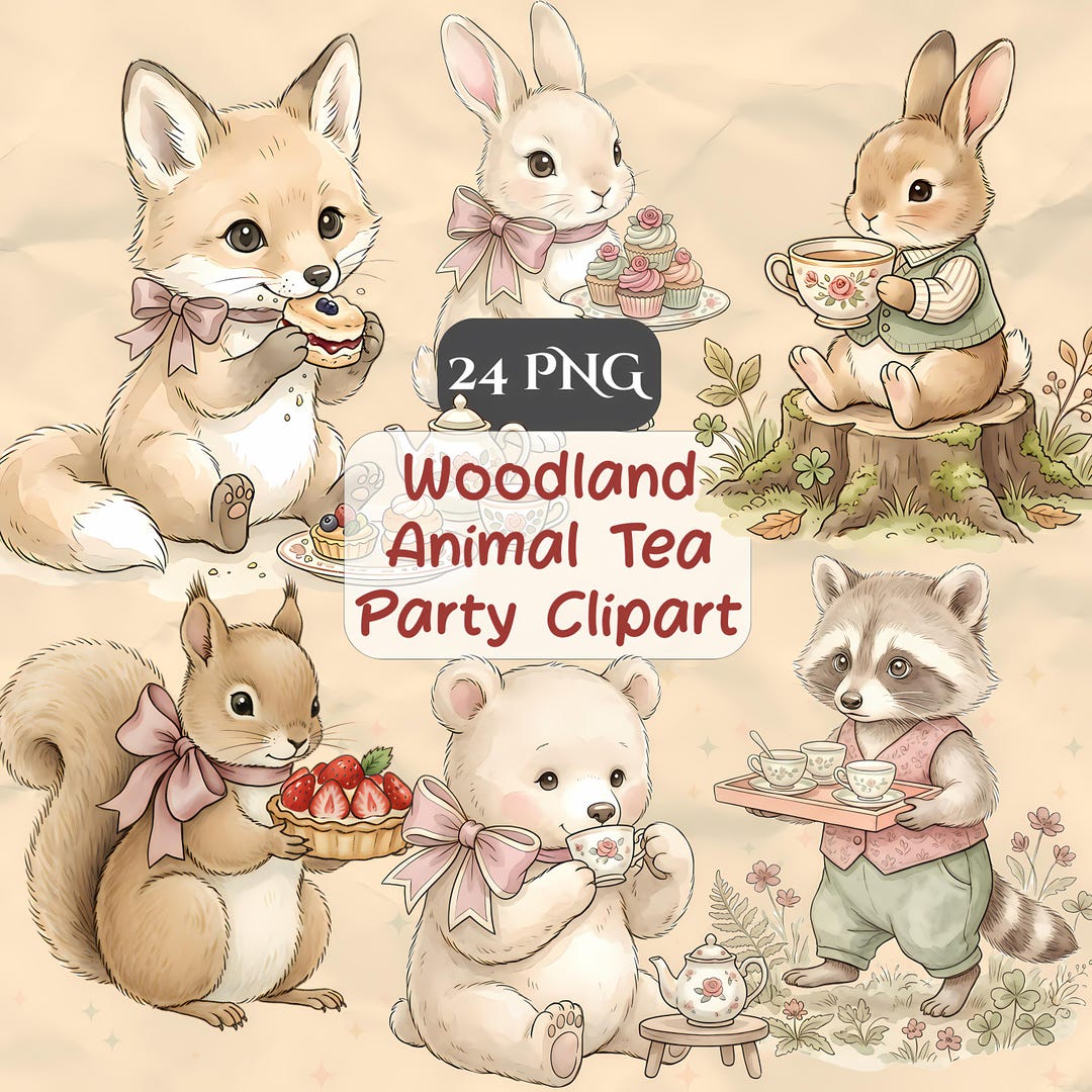 Vintage Woodland Animals Tea Party Clipart Bundle (24 PNG) - Etsy
