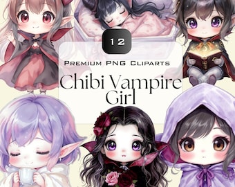 Chibi Vampire Girl Clipart: Kawaii Gothic Watercolor PNGs (Digital Download)