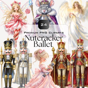 以下が含まれることがあります： くるみ割り人形のバレエのキャラクターを描いたデジタルイラスト。妖精、ネズミの王様、天使、くるみ割り人形のフィギュアが含まれています。「Nutcracker Ballet」のテキストが大きく表示されています。