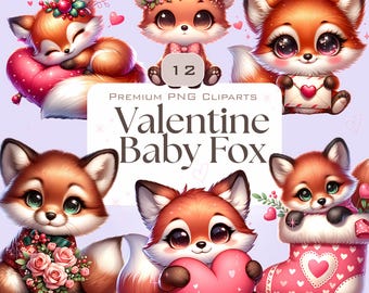 Paquete de imágenes prediseñadas de zorro bebé de San Valentín / 12 PNG adorables / Arte de zorro kawaii para San Valentín / Globo de corazón, caja de regalo, alas de Cupido / Animales de acuarela