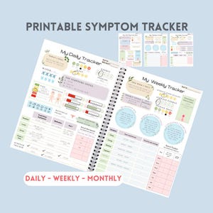 Op de afbeelding: Een spiraalgebonden symptoomtracker met dagelijkse, wekelijkse en maandelijkse lay-outs. De pagina's bevatten secties voor het volgen van stemming, energie en symptomen, met ruimte voor notities en metingen. De tekst "PRINTABLE SYMPTOM TRACKER" staat bovenaan.