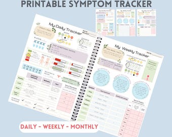 May include: A spiral-bound symptom tracker with daily, weekly, and monthly layouts. The pages feature sections for tracking mood, energy, and symptoms, with space for notes and measurements. The text "PRINTABLE SYMPTOM TRACKER" is at the top.