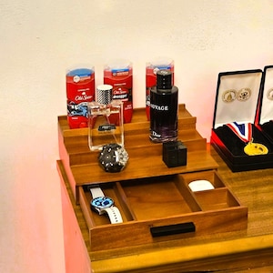 Wooden Cologne Holder with Hidden Compartment and Drawer | Perfume Holder | Perfume Display | Fragrance Holder | Bathroom Organizer