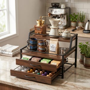 May include: A two-tiered wooden coffee and tea organizer with a black metal frame, featuring two pull-out drawers containing tea bags and coffee pods, topped with a brass coffee grinder, ceramic mugs, a pour-over dripper, and a bag of coffee.