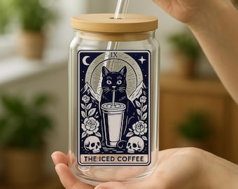 Black Cat Tarot Glass Cup: Gothic Iced Coffee Tumbler with Bamboo Lid