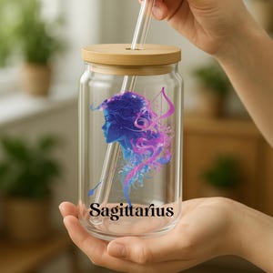 Sagittarius Zodiac Sign Glass Sipper Glass 16oz Zodiac Glass Tumbler with Straw Astrological Drinkware Gift for Sagittarius Ice Coffee Glass