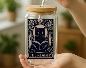 Black Cat Tarot Glass Cup: Book Lover Gift with Bamboo Lid & Straw