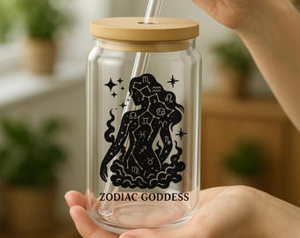 Copo de vidro da Deusa do Zodíaco: Copo de Astrologia Celestial com tampa de bambu