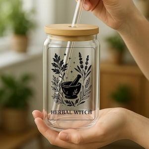 Copo de vidro para bruxas, copo de vidro para herboristas, copo de boticário botânico, pilão para bebidas de bruxa, copo de cartas de tarô celestial
