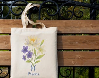 Pisces Zodiac Tote Bag: Floral Astrology Gift
