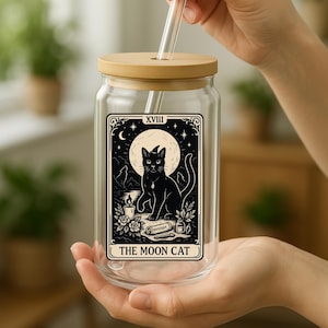 Taza de Tarot de Gato Lunar, Vaso de Bruja de Gato Negro, Tapa de Bambú y Pajita, Artículos Místicos para Beber, Regalo Celestial para Amantes de los Gatos, Vaso con Sabor de Gato Lunar