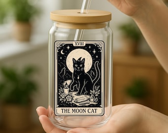 Moon Cat Tarot Glass Cup: Witchy Black Cat Tumbler with Bamboo Lid & Straw