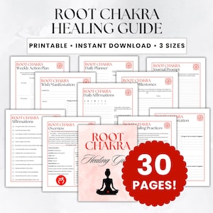 Könnte beinhalten: Ein druckbares Set für einen Wurzelchakra-Heilungsleitfaden mit 30 Seiten an Planern, Journalen und Aktionsplänen. Die Dokumente enthalten Text wie Root Chakra Weekly Action Plan, Daily Planner, Journal Prompt und Daily Affirmations in roter Schrift.