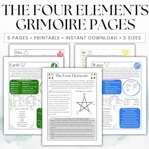 Four Elements Grimoire Pages, The Four Elements, Witchcraft Pages, Printable Grimoire, Book of Shadows Pages, Witchcraft Printable
