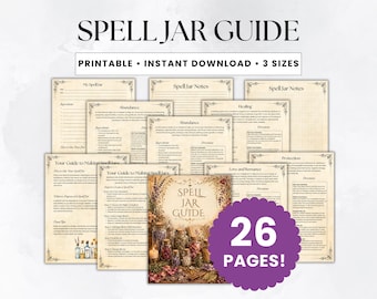 Puede incluir: Una colección de páginas imprimibles titulada Spell Jar Guide, que incluye varias plantillas para notas, abundancia, sanación, protección y amor. El conjunto consta de 26 páginas con fondos de estilo pergamino beige y texto negro.