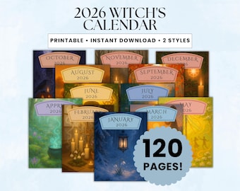 May include: A 2026 Witch's Calendar printable instant download featuring 120 pages in 2 styles. The collection displays monthly cover pages with seasonal illustrations, including candles, lanterns, and nature scenes, labeled with month names and 2026.
