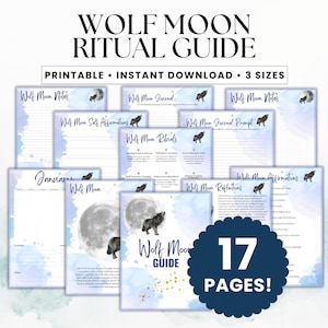 Könnte beinhalten: Ein druckbarer "Wolf Moon Ritual Guide" mit 17 Seiten. Der Leitfaden enthält Seiten mit dem Text "Wolf Moon Notes", "Wolf Moon Journal" und "Wolf Moon Affirmations". Das Design umfasst eine Wolfsilhouette, einen Vollmond und blaue Akzente im Aquarellstil.