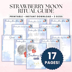 Könnte beinhalten: Ein 17-seitiges, druckbares Strawberry Moon Ritual Guide Set mit verschiedenen Dokumentvorlagen, blauen Aquarellakzenten, Mondillustrationen und Erdbeergrafiken. Die Seiten enthalten Notizen, Tagebücher, Affirmationen und Ritualanleitungen.