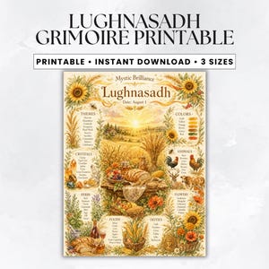 May include: A printable grimoire titled "Lughnasadh" with the text "Printable, Instant Download, 3 Sizes." The image features illustrations of themes, colors, animals, crystals, deities, and flowers, with a sunset backdrop and sunflowers.