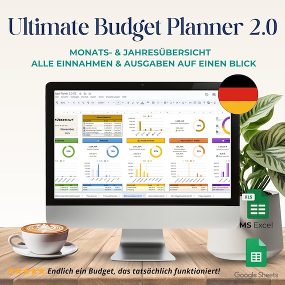 Budget Planer 2.0 Deutsch | Haushaltsbuch Excel Google Sheets | Finanzplaner Vorlage | Ausgaben Tracker Sparplan | Digitaler Budgetplaner