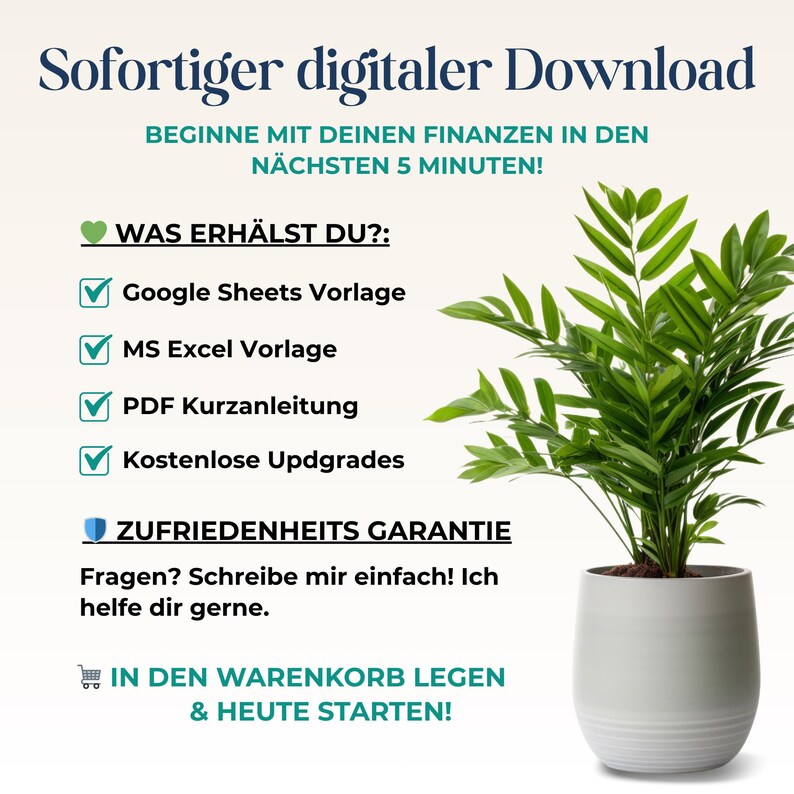 May include: A digital download advertisement with text in German. The image features a potted plant with green leaves and a white pot. Text includes "Google Sheets Vorlage", "MS Excel Vorlage", and "PDF Kurzanleitung".