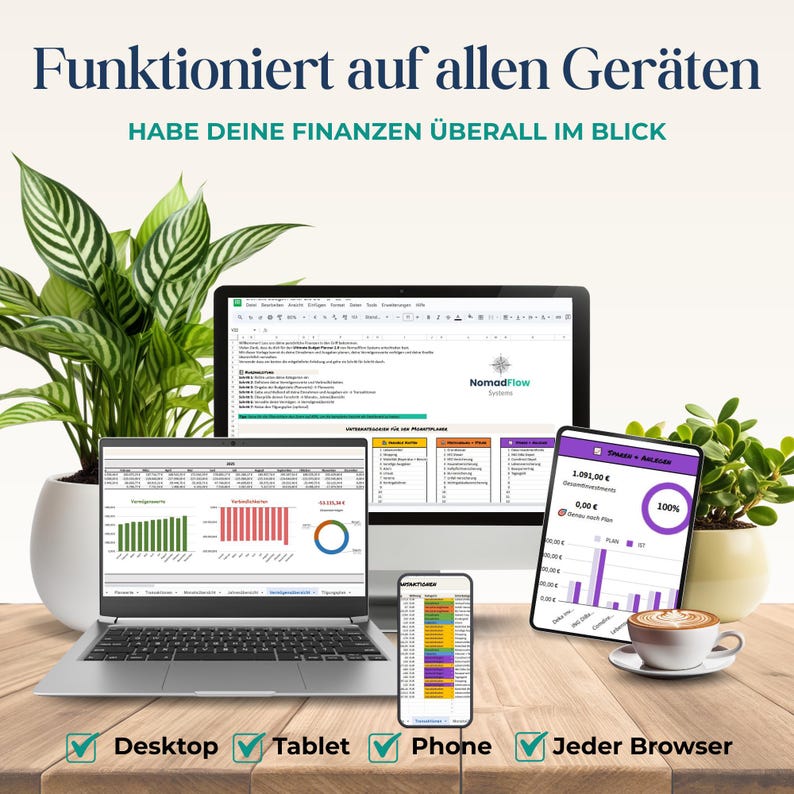 May include: A digital financial planning interface displayed on a laptop, desktop monitor, tablet, and smartphone. The text "Funktioniert auf allen Ger&auml;ten" and "HABE DEINE FINANZEN &Uuml;BERALL IM BLICK" are at the top. The bottom of the image shows "Desktop", "Tablet", "Phone", and "Jeder Browser".