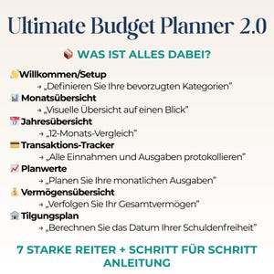 May include: A teal and white graphic for the "Ultimate Budget Planner 2.0." The image lists features like monthly and yearly overviews, transaction tracking, and asset overview. The text also includes "7 STARKE REITER + SCHRITT F&Uuml;R SCHRITT ANLEITUNG."