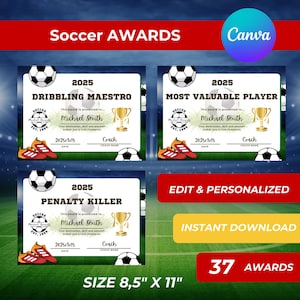 Soccer Award, Certificate, Editable Award, Ceremony, End of Season, Soccer, Canva, Soccer Team, Party, Printable Template, Gifts, Player