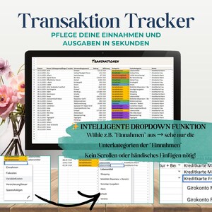 May include: A digital transaction tracker displayed on a tablet screen. The screen shows a spreadsheet with financial data, including income, expenses, and categories. Text on the screen includes "Transaction Tracker" and "Intelligent Dropdown Function."