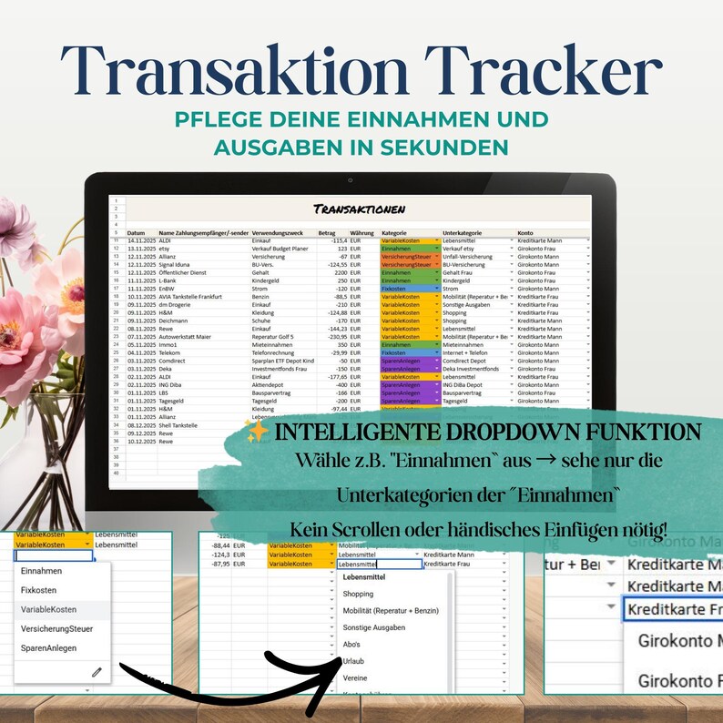 May include: A digital transaction tracker displayed on a tablet screen. The screen shows a spreadsheet with financial data, including income, expenses, and categories. Text on the screen includes "Transaction Tracker" and "Intelligent Dropdown Function."