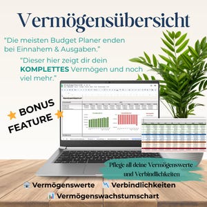 May include: A laptop displaying a financial spreadsheet with charts and graphs. Text includes "Verm&ouml;gens&uuml;bersicht" and "BONUS FEATURE". A small potted plant is in the background.